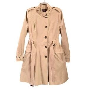Cole Haan Vintage Women Tan Trench Coat Size M High Collar Shoulder Pads Classic